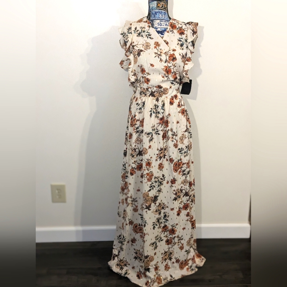Boston Proper Women's V-Neck Beige Floral Wrap Maxi Dress NWT